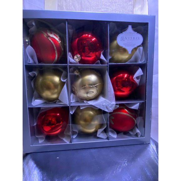 Set of Nine (9), Vitbis Glass Christmas Ornaments 3 in. round, New In Box. - Picture 2 of 11